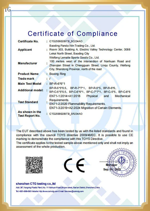 EN71 and CE certification for boxing ring manufacturing