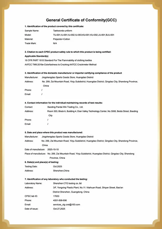 GCC compliance certificate for Taekwondo uniforms