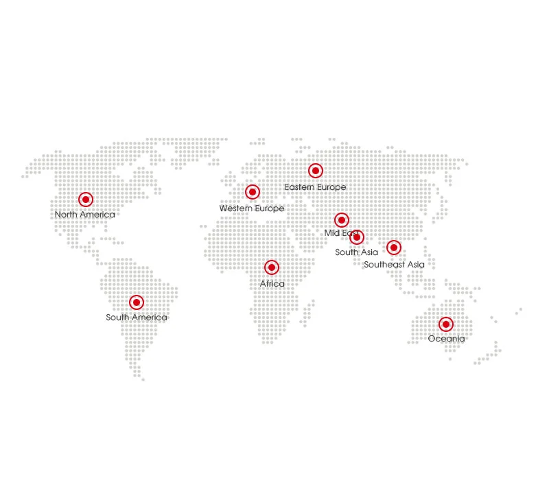 Global sales market distribution map covering North America, Western Europe, South America, Mid East, Oceania, Southeast Asia, South Asia, Africa, and Eastern Europe