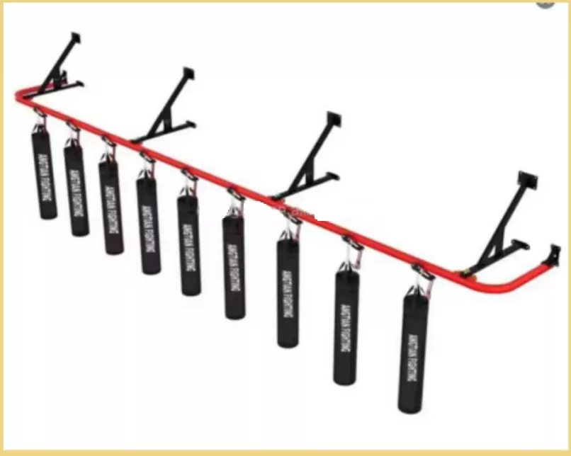 Heavy bag track system with sliding trolley and secure connector plates