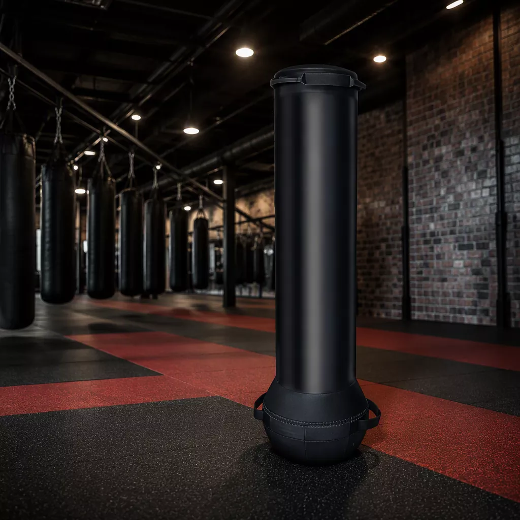 Production team hand-stitching seams on freestanding punching bags